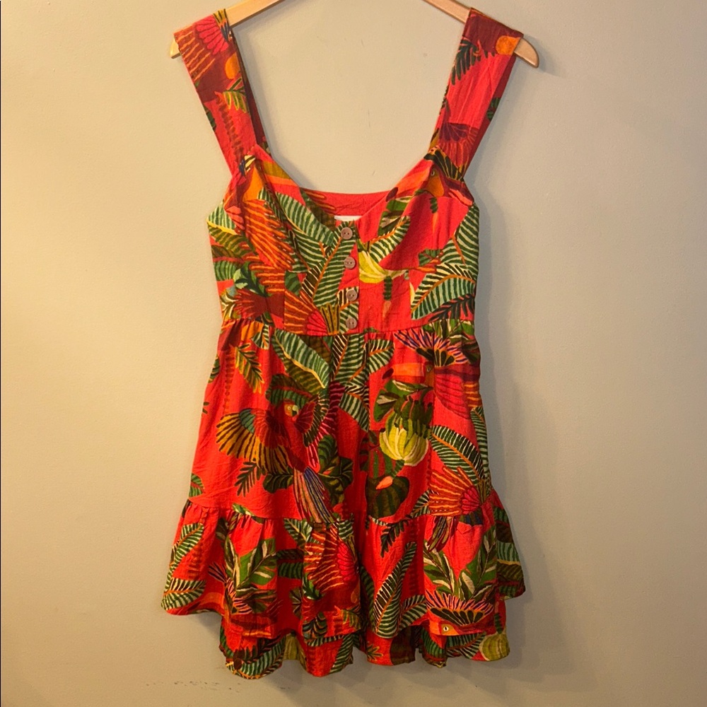 Farm Rio Tropical Ruffle Tiered Mini Dress S Colorful Resort Vacation Sundress